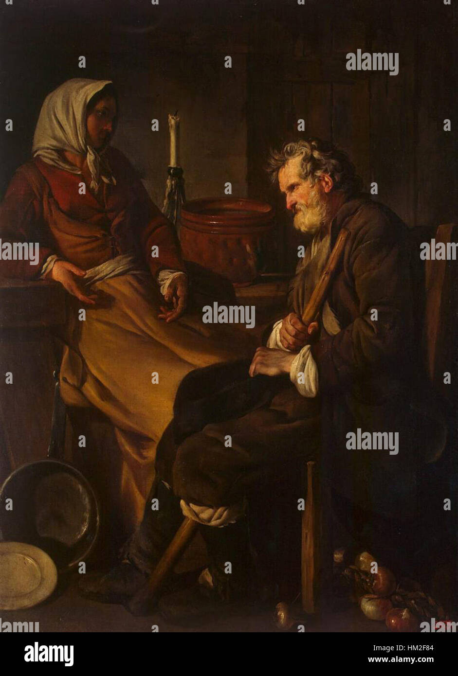 *Vecchio in cucina* di Jean-Baptiste Marie Pierre raffigura un uomo anziano impegnato in attività domestica. Il dipinto mette in evidenza l'uso di luce e ombra tipiche del lavoro dell'artista, catturando sia il realismo che la profondità emotiva. Foto Stock