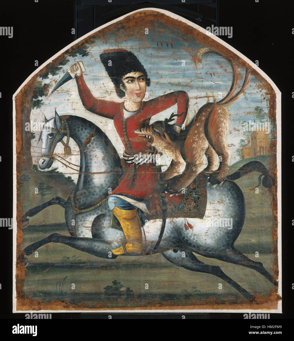 Questo dipinto raffigura una scena drammatica in cui un cacciatore a cavallo viene attaccato da una bestia mitica, mescolando elementi fantasiosi con l'arte classica. L'opera esemplifica l'energia dinamica e la vivida immaginazione dell'arte fantasy storica. Foto Stock