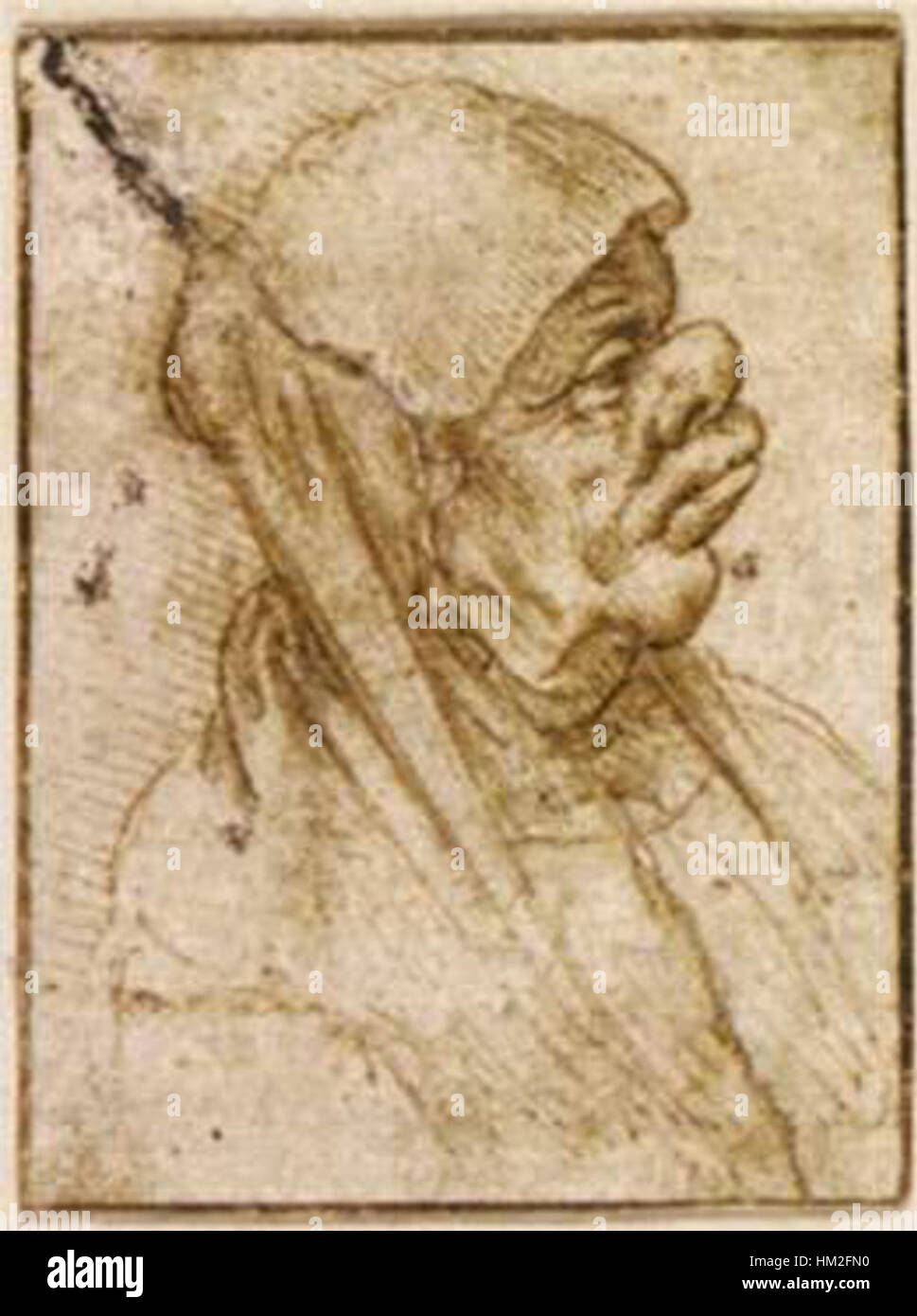 Questa caricatura di Leonardo da Vinci ritrae una donna anziana in uno stile umoristico ed esagerato. Nota per la sua maestria sia nell'arte che nell'osservazione scientifica, la caricatura di da Vinci è un'esplorazione giocosa delle caratteristiche umane. Foto Stock