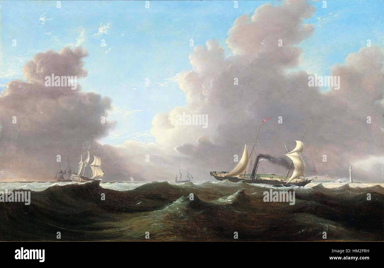 Il dipinto di John Lynn cattura il piroscafo a pale di Dublino Shannon combattendo pesanti colpi fuori dal faro di Tuskar. L'opera d'arte ritrae la drammatica scena marittima, mostrando la potenza e la resilienza della nave in condizioni difficili vicino alla costa irlandese. Foto Stock