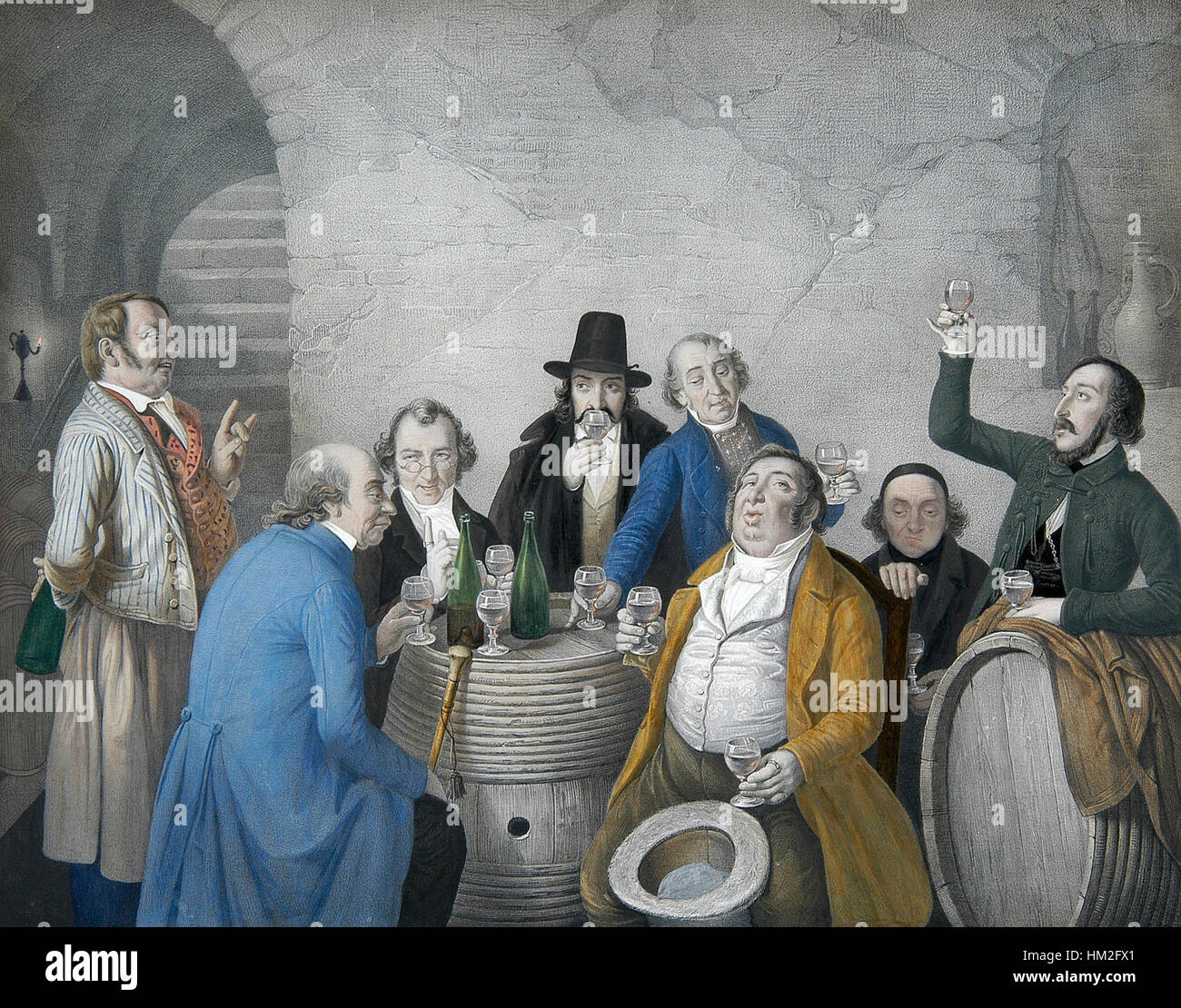 Un dipinto di Johann Peter Hasenclever intitolato "Weinverkoster in einem Keller", raffigurante un assaggiatore di vini in una cantina. L'opera cattura le sfumature della vita tedesca del XIX secolo e la tradizione della degustazione di vini. Foto Stock