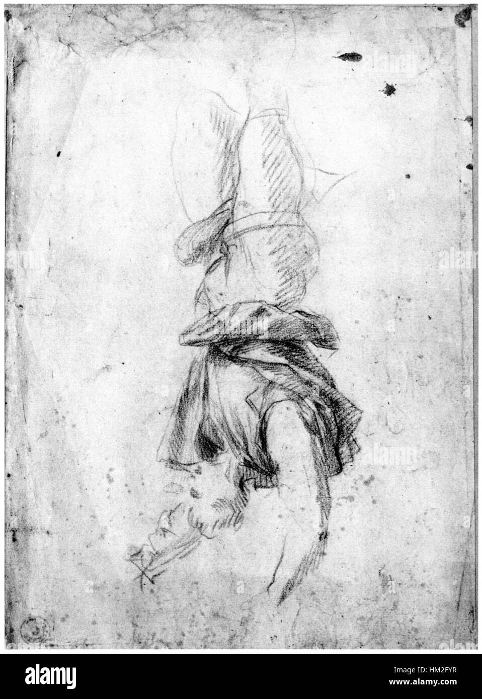 Questo pezzo, "uomini impiccati", di Andrea del Sarto, illustra una scena storica di punizione, raffigurante individui giustiziati per impiccagione. L'opera d'arte offre un'idea della storia violenta della punizione criminale durante il periodo rinascimentale. Foto Stock