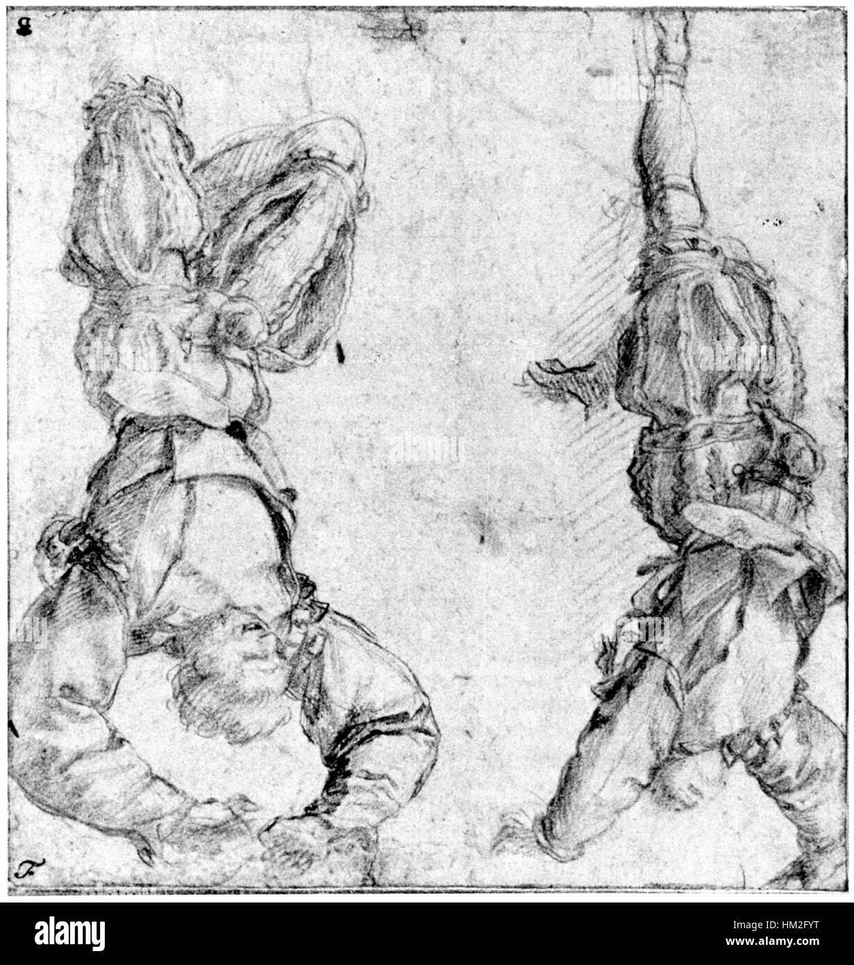 *Gli uomini impiccati* di Andrea del Sarto è un esempio di *pittura infamante*, uno stile di pittura destinato a vergognare il soggetto. L'opera d'arte cattura un momento oscuro e drammatico, spesso associato all'esplorazione dell'artista dei temi della vulnerabilità umana e della giustizia sociale. La maestria del Sarto nel rendere emozione e narrativa nelle sue figure è in piena mostra. Foto Stock