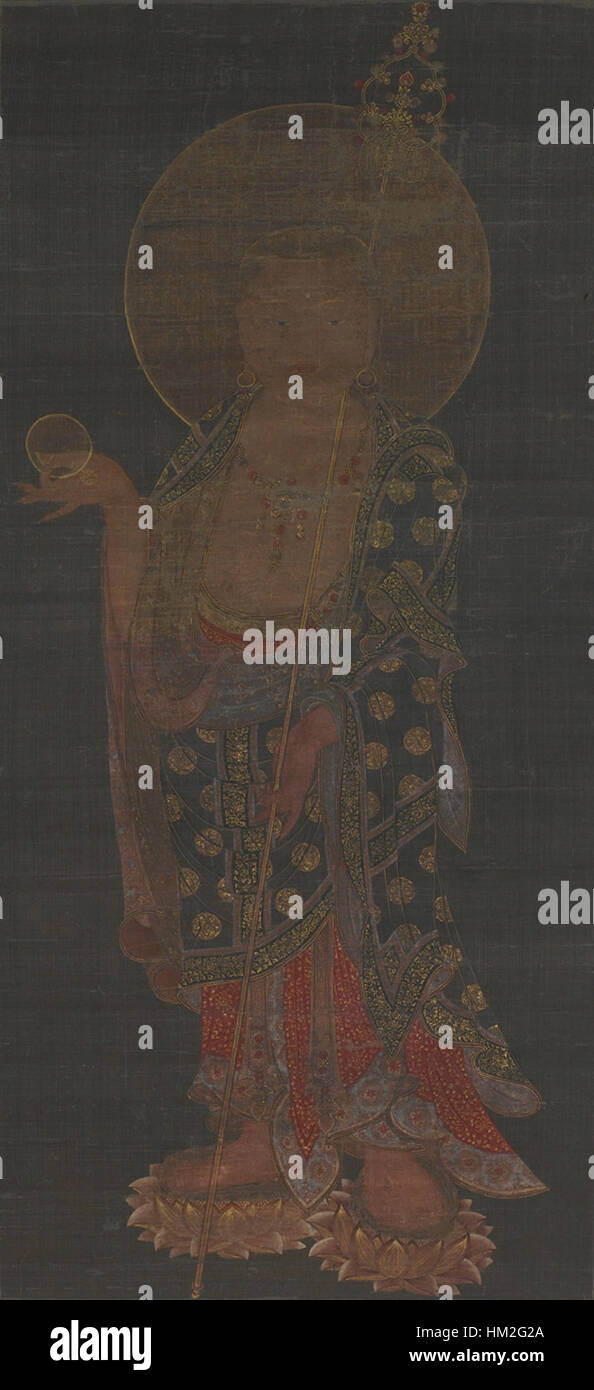 Questa statua di Ksitigarbha, esposta alla Sackler Gallery, rappresenta il bodhisattva buddista noto per aiutare le anime del defunto. La scultura, realizzata con dettagli raffinati, è un esempio chiave di arte buddista. Foto Stock