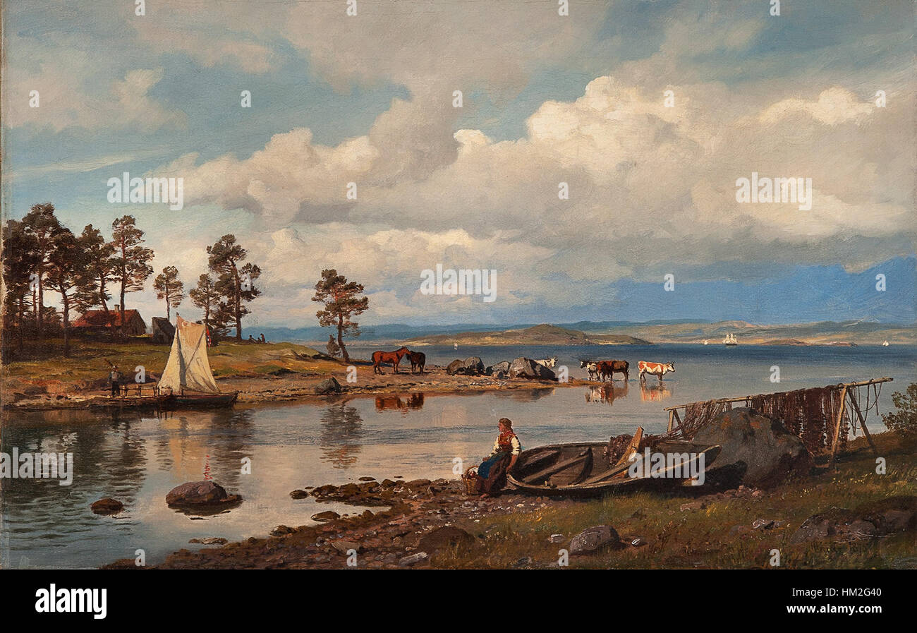 Hans Gude - Fjordlandskap folkeliv med (1875) Foto Stock