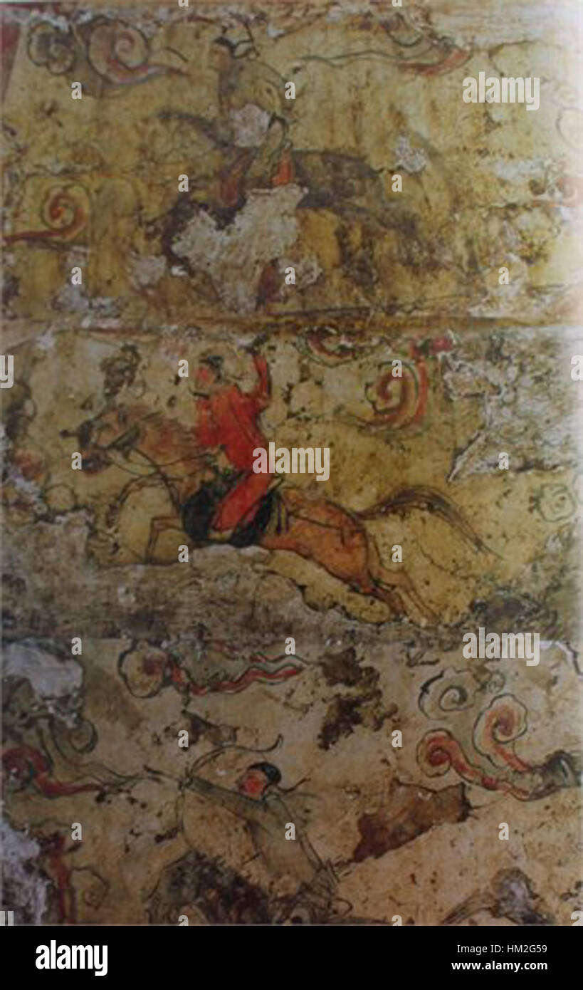 Un murale della tomba di Aohan, raffigurante una tigre da caccia. Le opere d'arte risalgono alla dinastia Liao e mostrano lo stile artistico e il significato culturale del periodo. La vibrante rappresentazione riflette il ruolo degli animali nell'antica arte e cultura cinese. Foto Stock