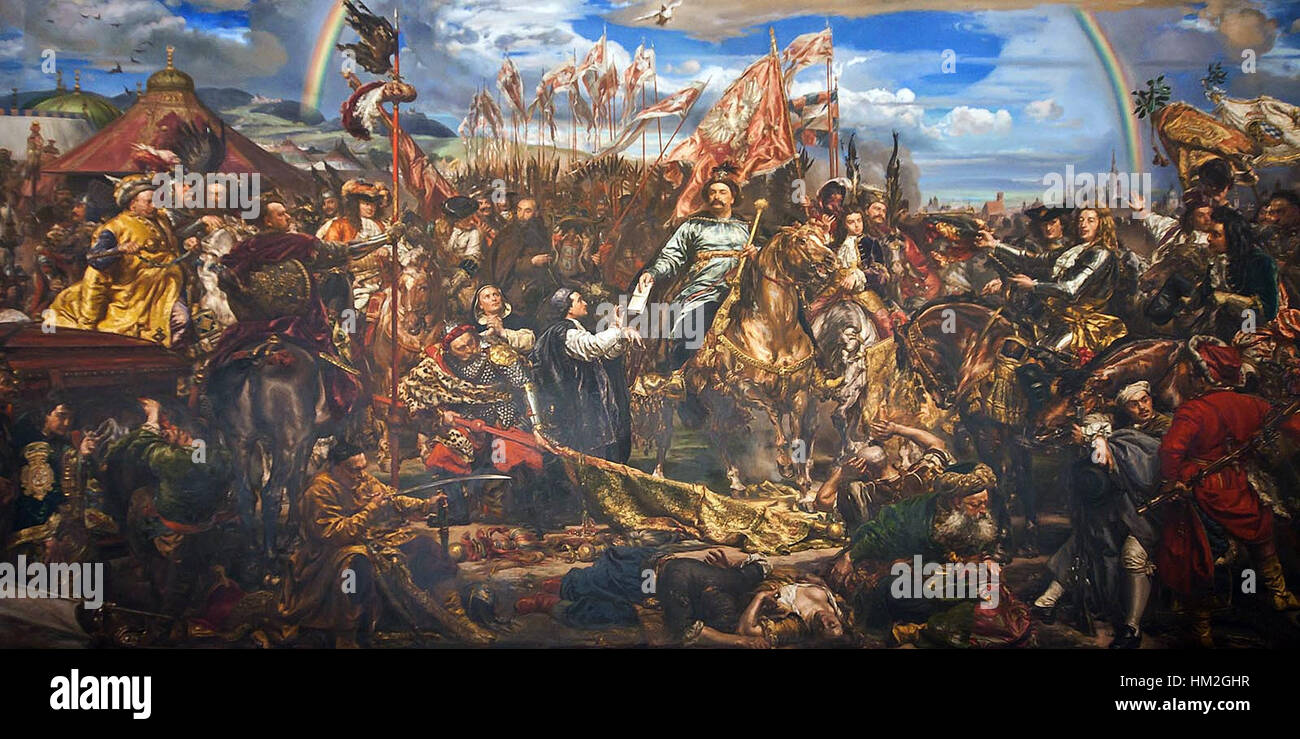 Questa opera storica raffigura il re Giovanni III Sobieski che invia un messaggio di vittoria al Papa dopo la Battaglia di Vienna (1683). Il dipinto evidenzia il significativo successo militare di Sobieski e l'importanza della sua vittoria nella storia europea. Foto Stock
