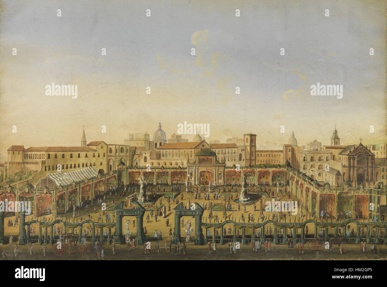 Questa opera d'arte cattura l'essenza di una fiera d'arte in una città italiana, illustrando la vibrante atmosfera culturale e l'importanza delle mostre d'arte nella ricca storia artistica italiana. Foto Stock