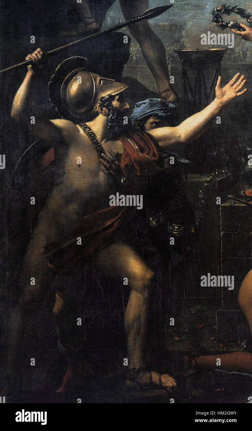 Questo dettagliato segmento di "Leonidas alle Termopili" di Jacques-Louis David cattura il momento drammatico della battaglia delle Termopili. Il dipinto ritrae la posizione eroica di Leonida e dei suoi guerrieri, simboleggiando il coraggio e il sacrificio. Foto Stock