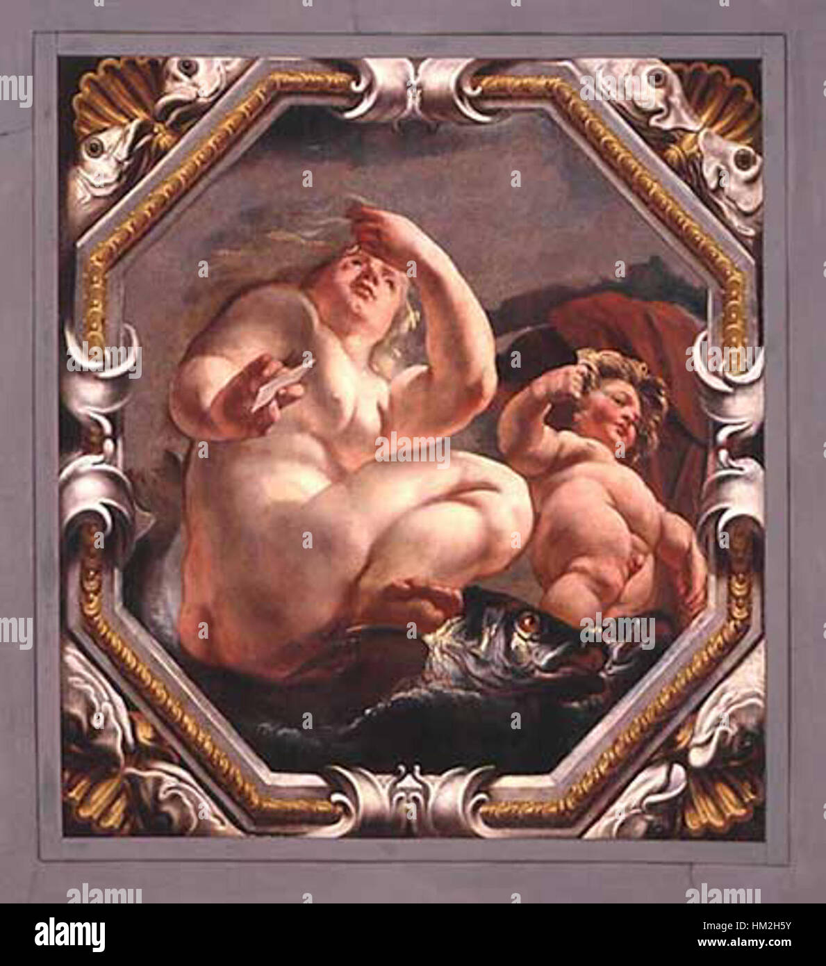 "Pesci" di Jordaens è un dipinto allegorico che illustra i due pesci che simboleggiano il segno zodiacale. Jordaens, noto per il suo vivace stile barocco, utilizza colori audaci e una composizione dinamica per trasmettere la dualità e il simbolismo del segno dei pesci. L'opera enfatizza la maestria di Jordaens nella pittura ad olio e il suo contributo all'arte fiamminga del XVII secolo. Foto Stock