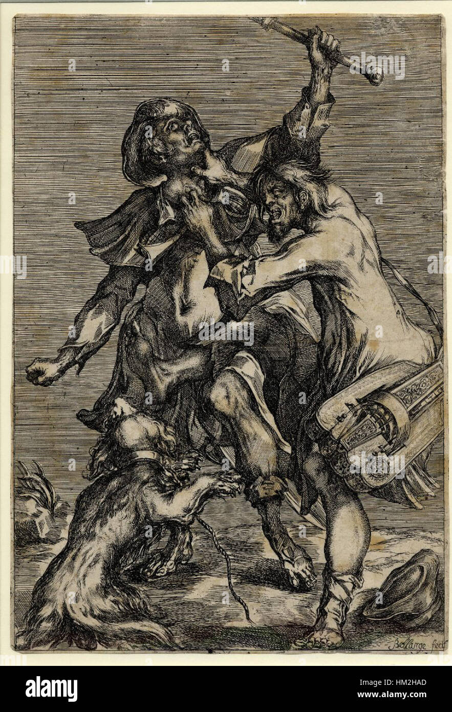 Questa opera d'arte raffigura una scena drammatica di un giocatore maledetto che attacca un pellegrino. La composizione dinamica trasmette un momento di tensione, probabilmente ambientato in un contesto storico o simbolico. Il dipinto richiama l'attenzione sulle emozioni e le azioni dei personaggi, caratteristiche di certi dipinti di genere dell'epoca, combinando movimento e narrazione. Foto Stock