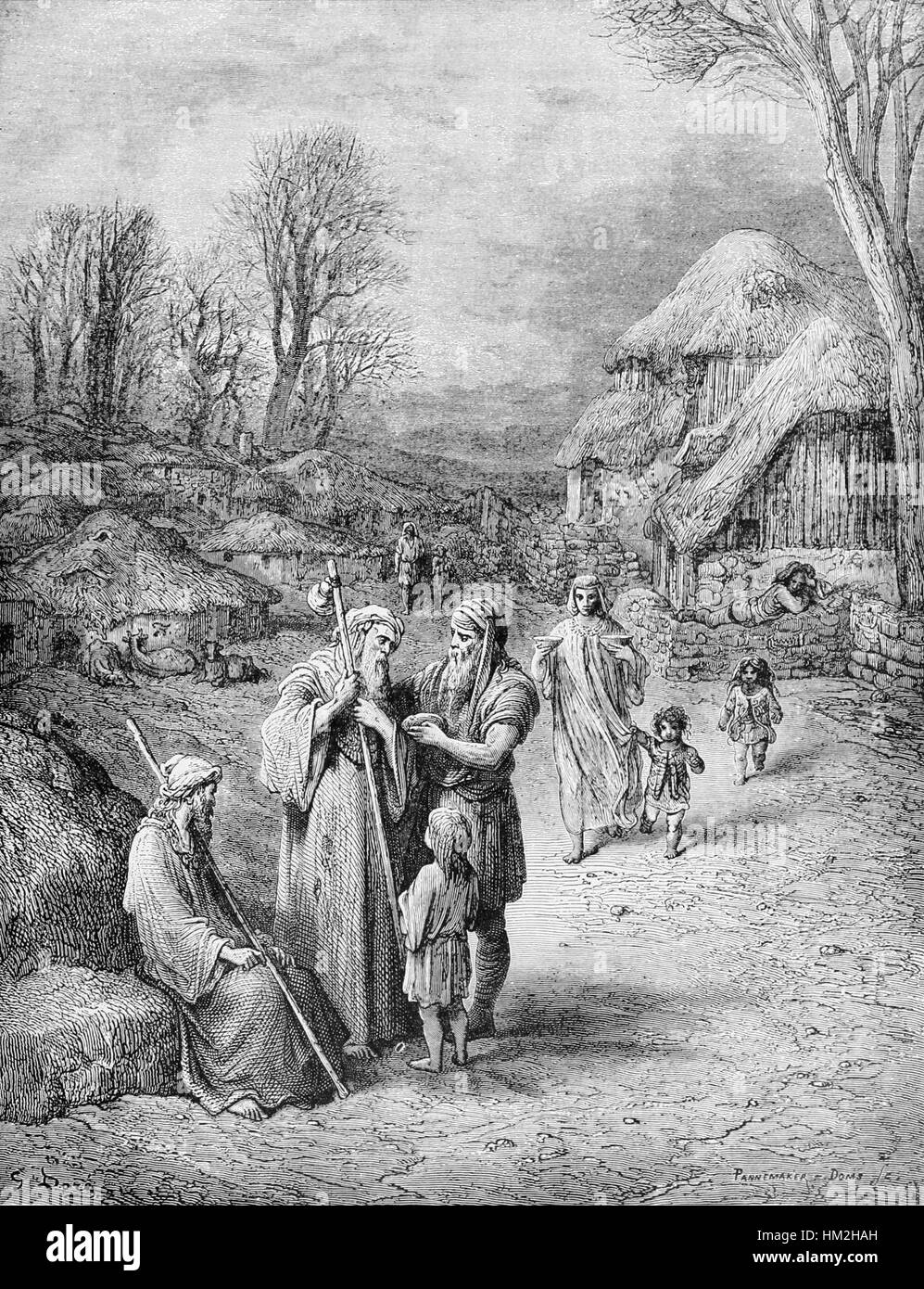 Questo dipinto, intitolato "ospitalità dei barbari ai pellegrini", raffigura un momento storico in cui un gruppo di pellegrini riceve ospitalità da un gruppo di barbari. L'opera d'arte riflette l'incontro culturale tra diverse civiltà, evidenziando il contrasto tra società barbariche e civiltà. Foto Stock