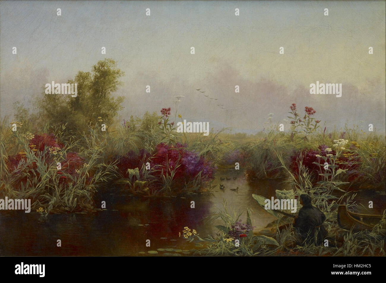 Il dipinto *Duck Hunting* di Jerome B. Thompson cattura un momento di sport all'aperto, riflettendo l'abilità dell'artista nel ritrarre la natura e la ricerca del gioco in uno stile realistico e dinamico. La scena mostra l'emozione della caccia. Foto Stock