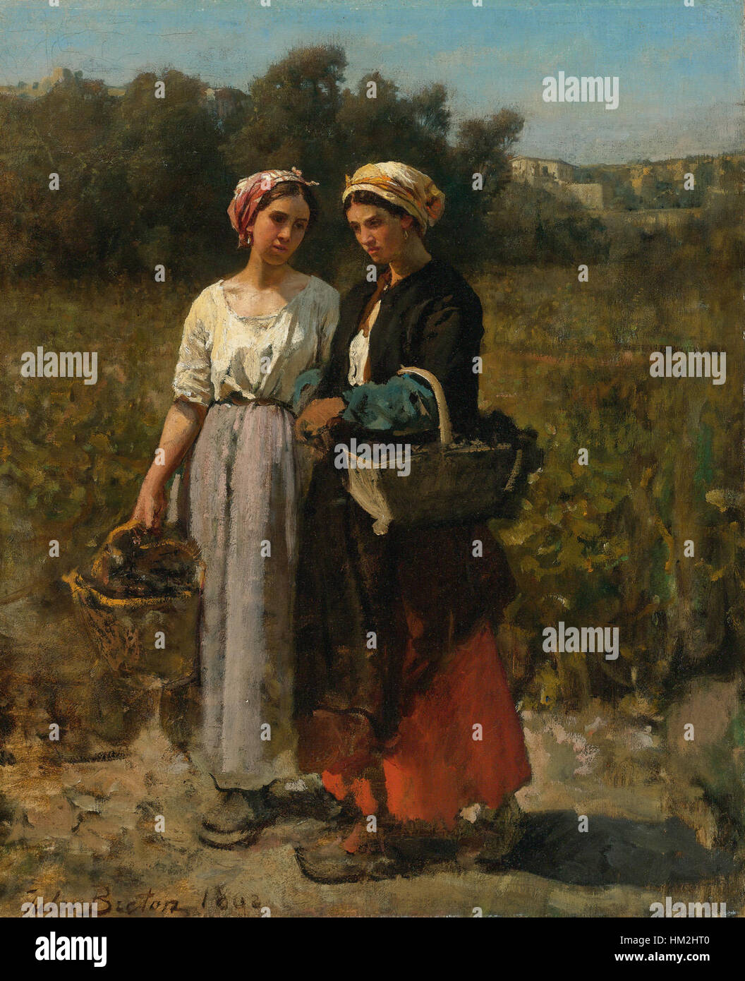 "Deux jeunes femmes dans le vintage" di Jules Breton (due giovani donne in Vintage) raffigura due donne in un ambiente rustico, mostrando la maestria bretone nella luce naturale e nella vita rurale nella Francia del XIX secolo. Il dipinto riflette lo stile caratteristico di Breton di realismo rurale e la sua rappresentazione della vita contadina durante il movimento Realista francese. Foto Stock