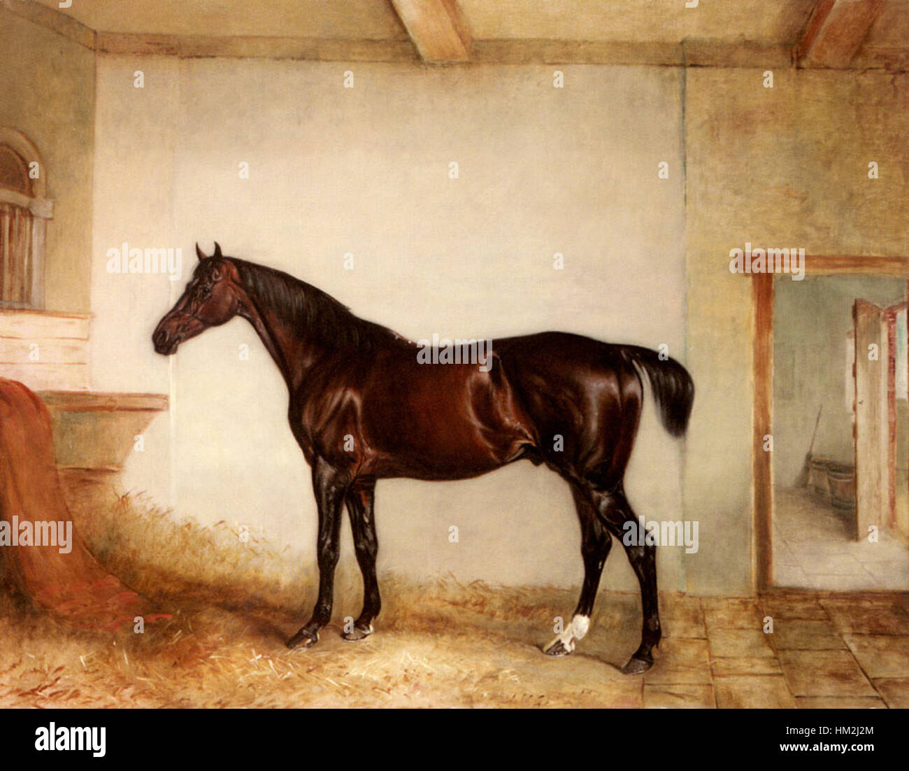Il dipinto di John Ferneley "A Bay Hunter in a Loose Box" presenta una dettagliata raffigurazione di un cavallo di baia all'interno di una stalla. Conosciuto per la sua arte equestre, Ferneley cattura la grazia e la forza dell'animale, evidenziando l'anatomia e il movimento tipici della razza. Foto Stock