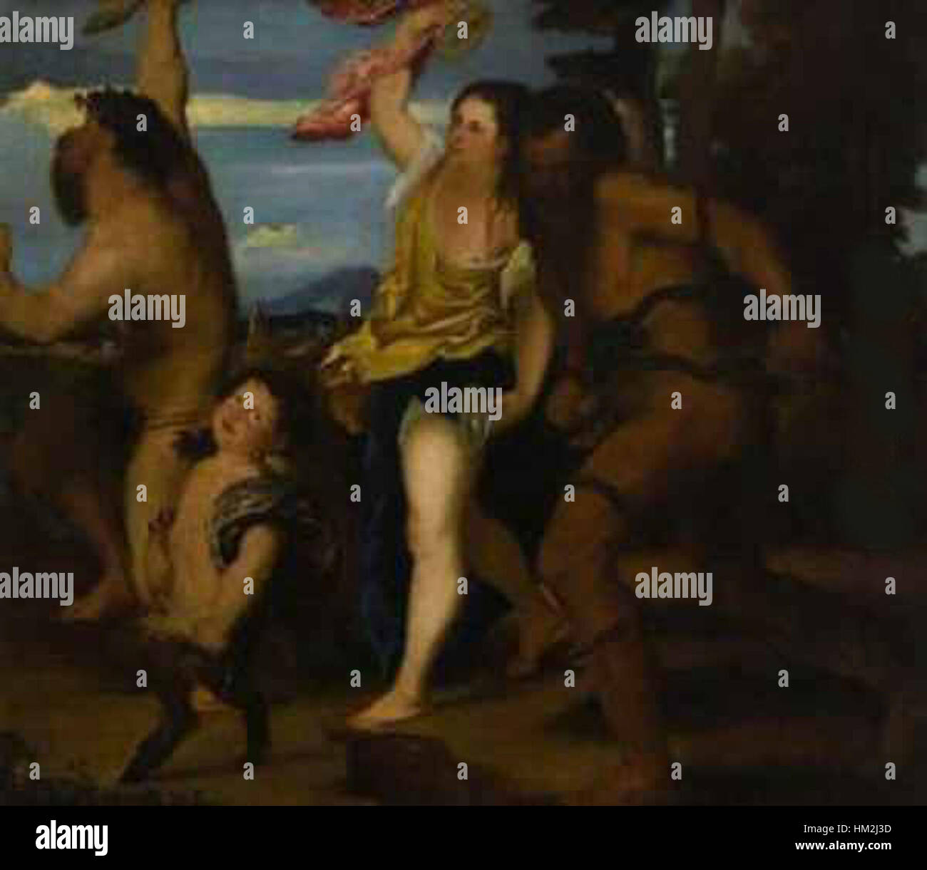 Il dipinto di Hermine Munsch "Bacchantenzug nach Tizian" trae ispirazione dalle immagini classiche di Bacco, il dio romano del vino. L'interpretazione di Munsch fonde temi storici con espressioni drammatiche, evocando l'influenza di Tiziano nell'uso di colori ricchi e composizione dinamica. Foto Stock