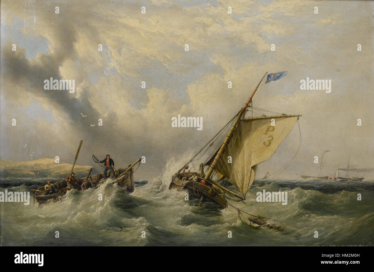 Questo dipinto di Henry King Taylor mostra Pilot Cutter No. 3, una piccola barca a vela, con una barca a remi in avvicinamento. In lontananza, è visibile una vaporiera a pale che riflette la vita marittima del tempo. Foto Stock