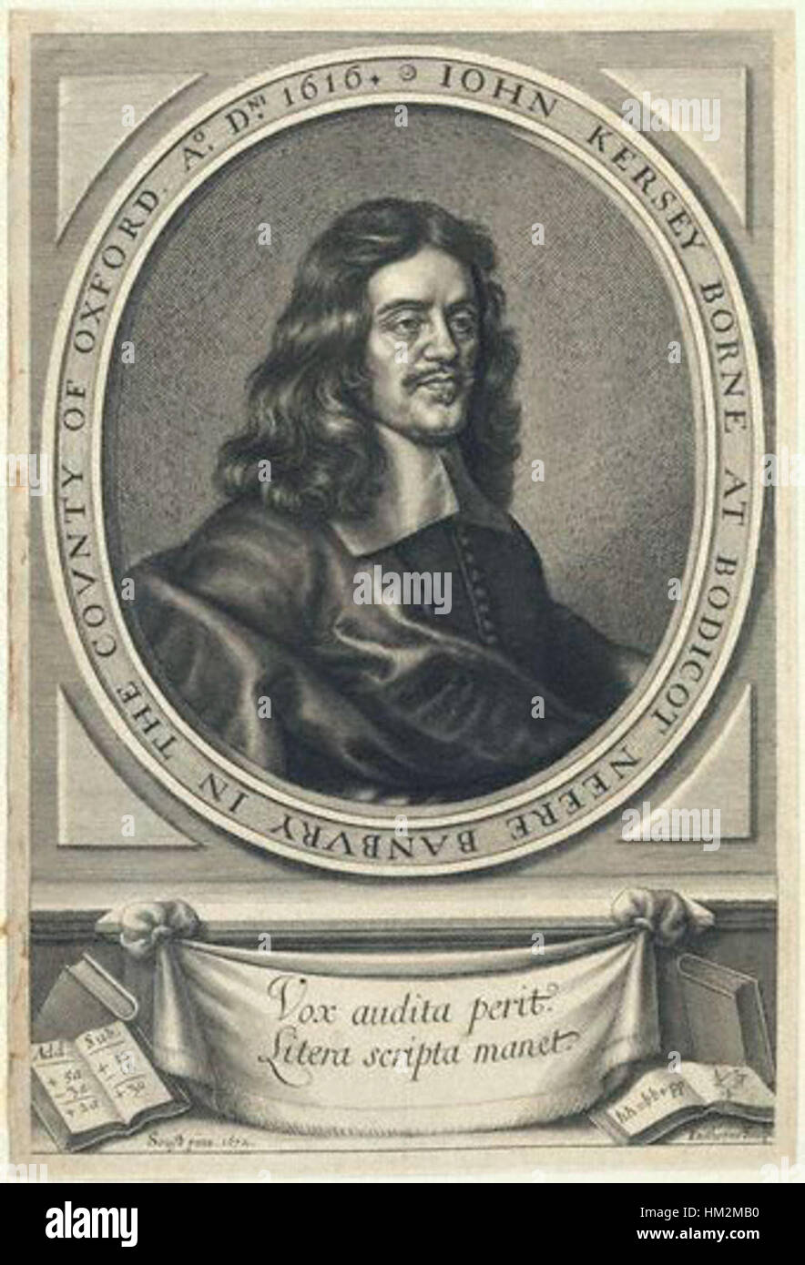 Questo ritratto di John Kersey cattura una figura influente nella storia intellettuale inglese. Noto per i suoi contributi alla lessicografia, il lavoro di Kersey ha plasmato lo sviluppo di dizionari in lingua inglese durante il XVII secolo. Foto Stock