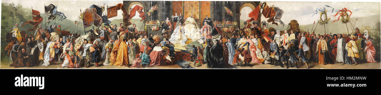 *Prachtvolle Huldigungsszene* è un dipinto di Wilhelm von Kaulbach, noto per la sua rappresentazione di una magnifica scena di omaggio. L'opera d'arte cattura grandi gesti di riverenza e ammirazione in un contesto storico. Foto Stock