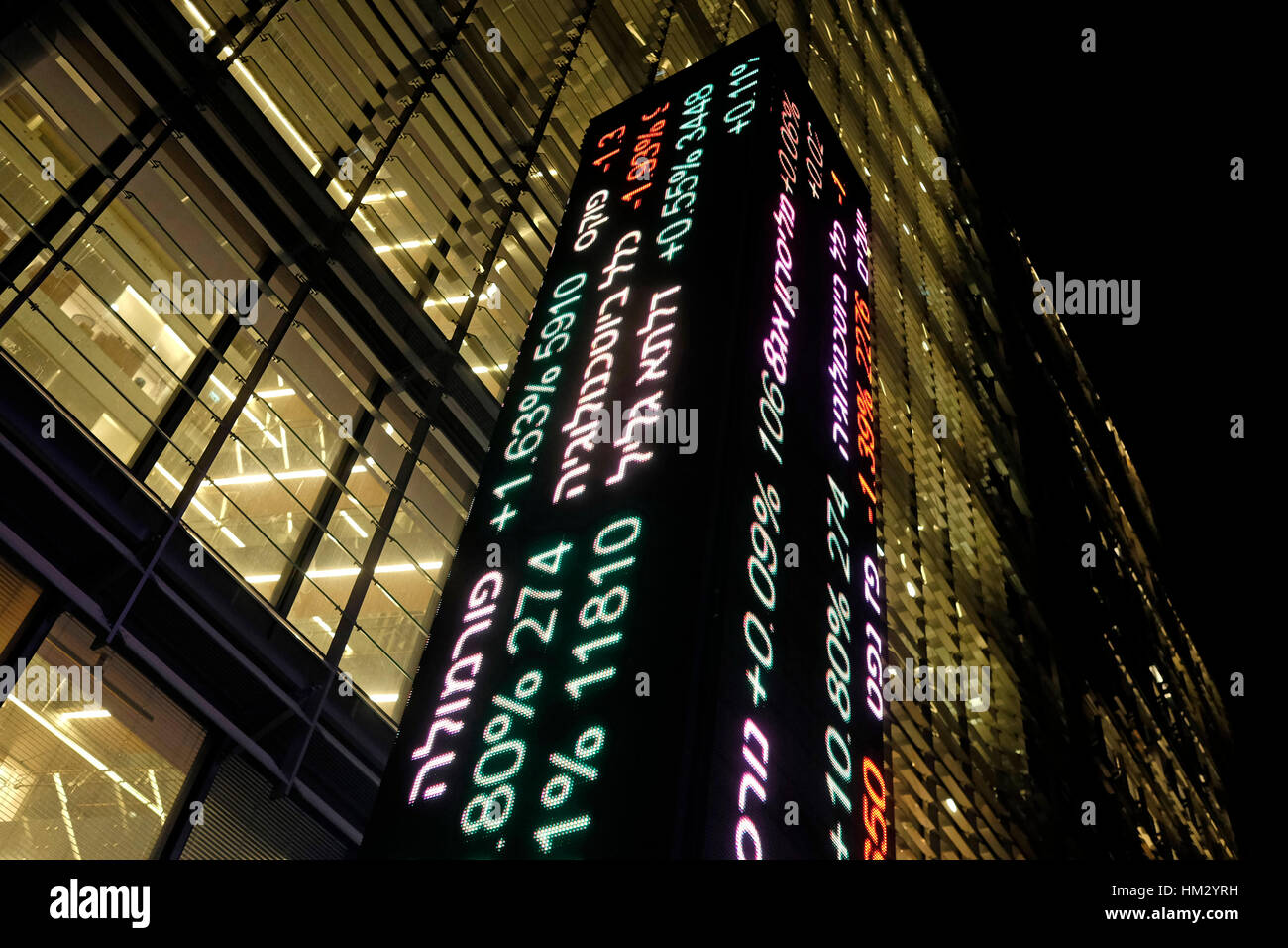 Display del mercato azionario quotazioni delle israeliane e le compagnie internazionali al di fuori del nuovo edificio dello Stock Exchange di Tel Aviv, Israele Foto Stock