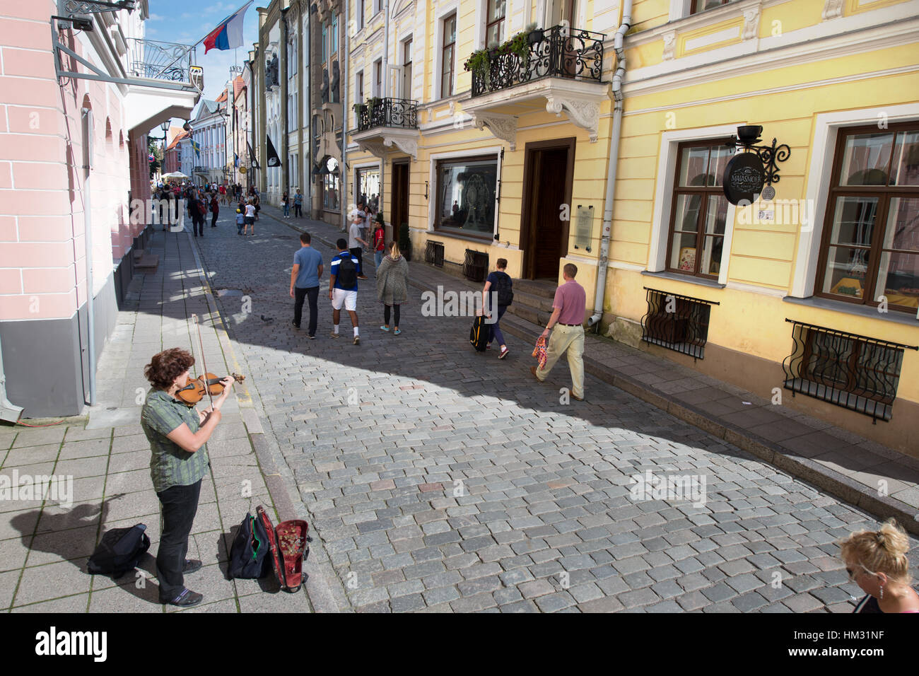 Un violino player nelle strade di Tallinn, Estonia Foto Stock