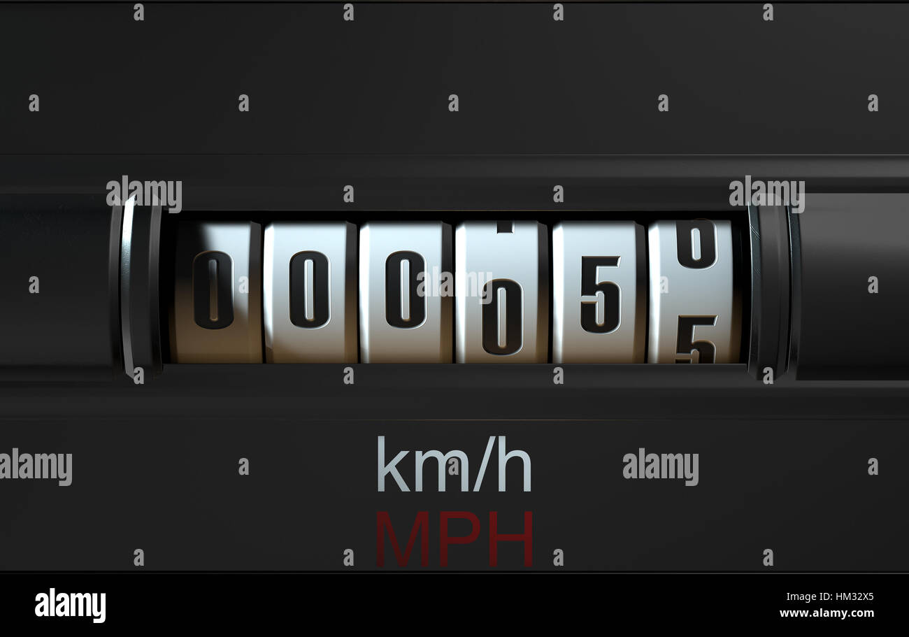 Un 3D rendering di una vettura analogo concetto contachilometri mostra un chilometraggio molto basso Foto Stock