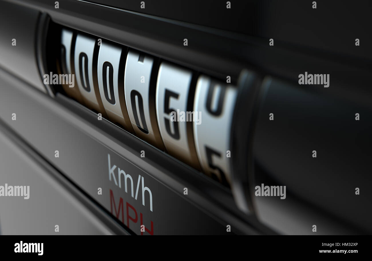 Un 3D rendering di una vettura analogo concetto contachilometri mostra un chilometraggio molto basso Foto Stock