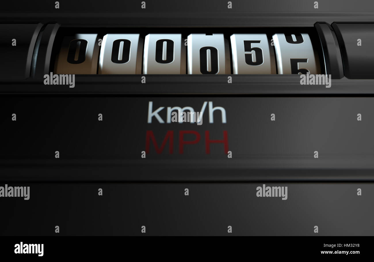 Un 3D rendering di una vettura analogo concetto contachilometri mostra un chilometraggio molto basso Foto Stock
