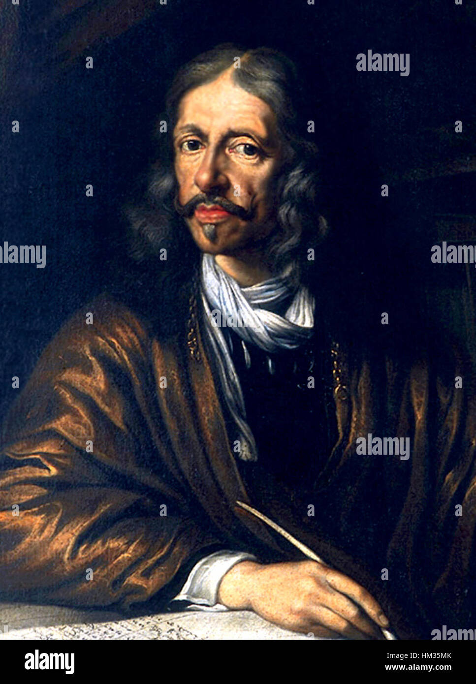 Questo primo piano di un dipinto o di un'incisione raffigurante Johannes Hevelius, un famoso astronomo, mette in evidenza le sue caratteristiche e i suoi contributi scientifici. Il ritratto fa parte dell'arte astronomica storica. Foto Stock