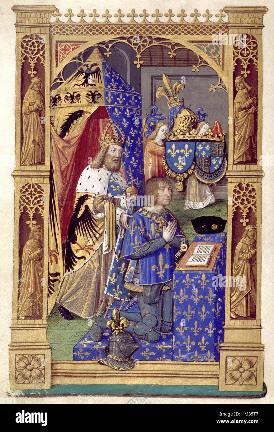 Una pagina del manoscritto "Heures de Charles VIII", raffigurante re Carlo VIII di Francia accanto a re Luigi XII. Questo manoscritto miniato mostra le figure reali in immagini dettagliate e colorate. Foto Stock