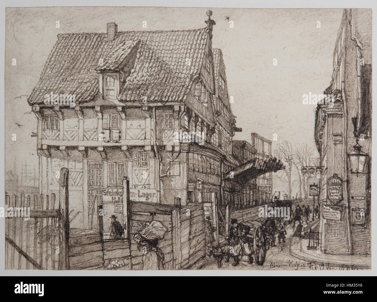 'HH-Riefesell-17-Abbruch-Binnenkajen' è un dipinto storico che mostra la demolizione di un molo a Binnenkajen, 1886. L'immagine cattura il processo industriale di smantellamento e il mutevole paesaggio del lungomare. Foto Stock