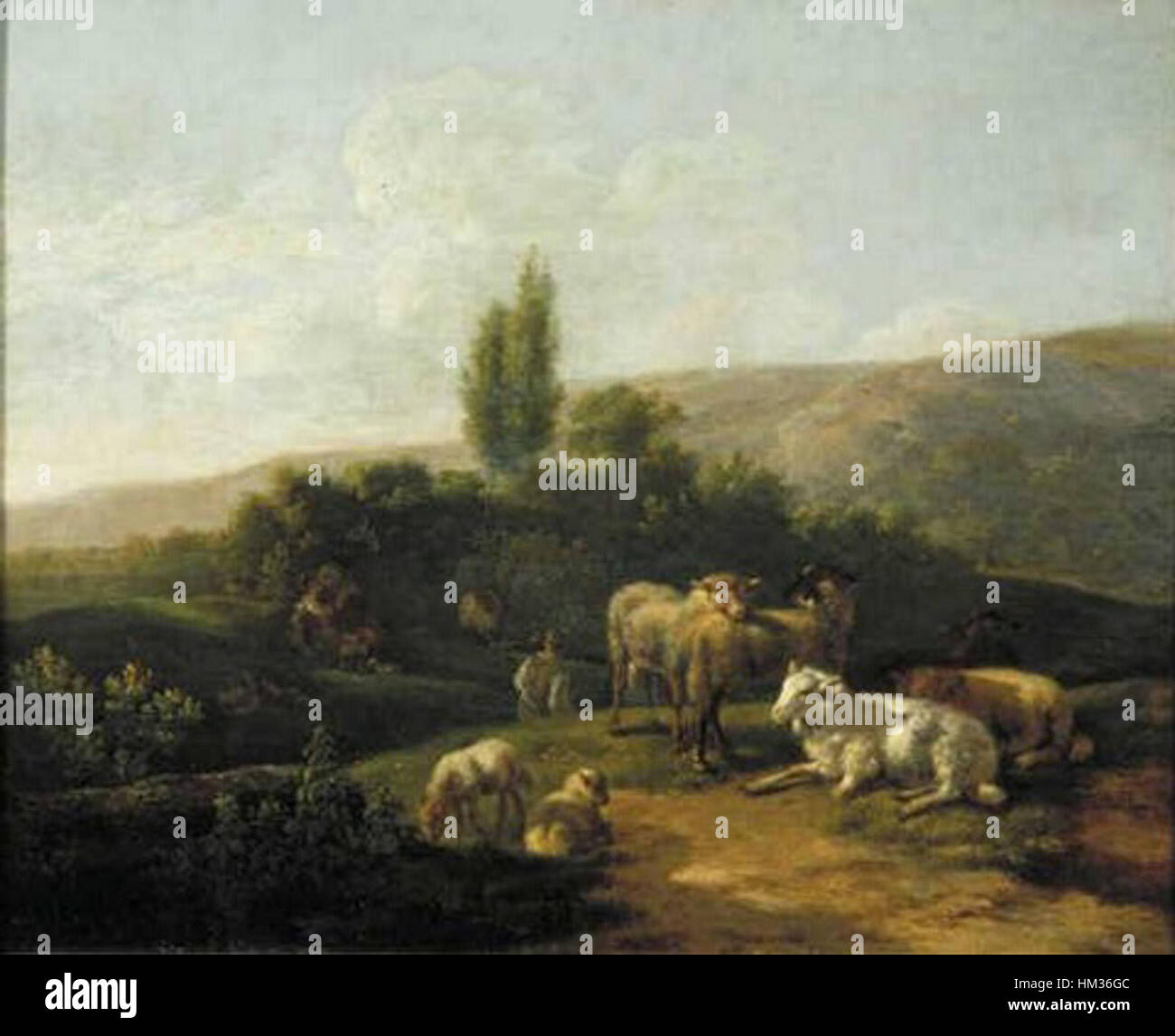 Jacob van der Does' 'paesaggio serale italiano con gregge e pastore' mette in mostra una scena pastorale ambientata in Italia, con un pastore con il suo gregge sotto un cielo sereno. L'opera esemplifica l'arte paesaggistica olandese del XVII secolo, mescolando realismo con un ambiente naturale tranquillo. Foto Stock