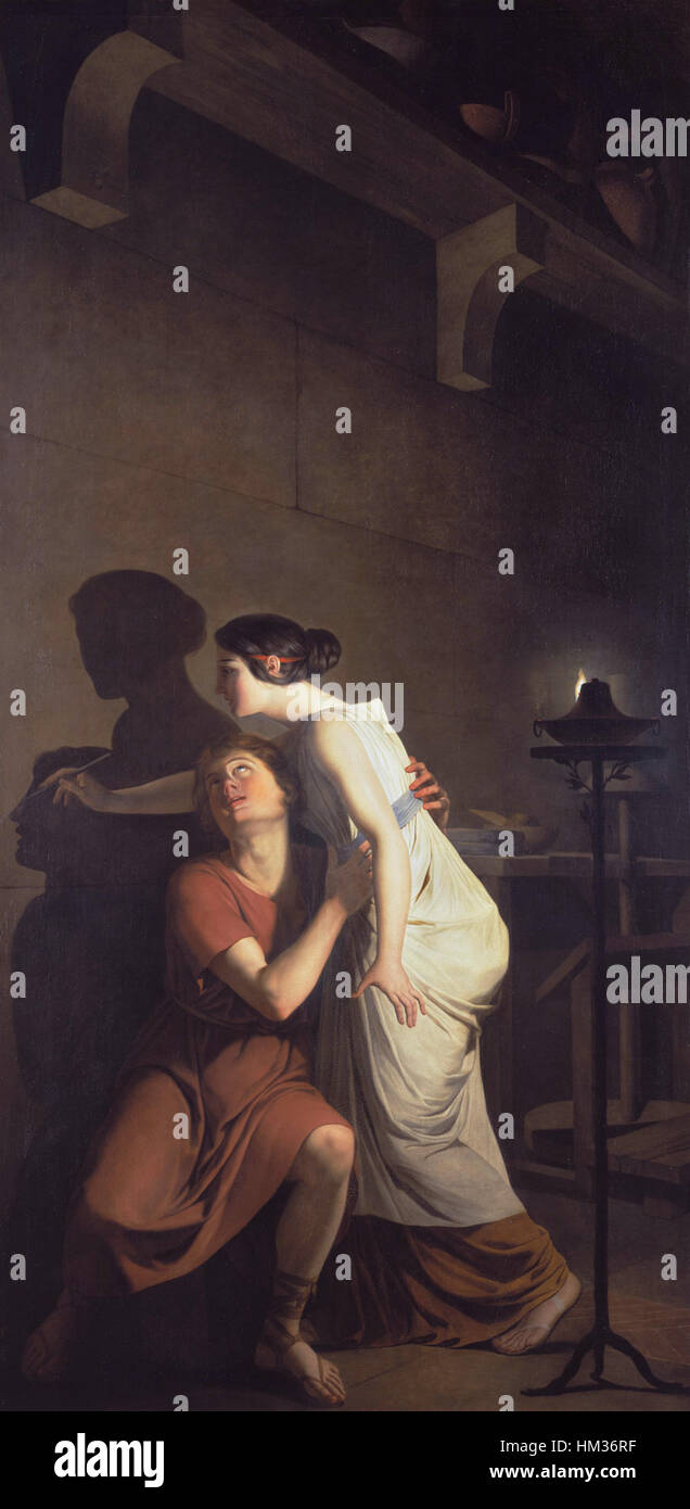 Il dipinto del 1791 di Joseph Benoit Suvee, "The Invention of the Art of Drawing", esplora lo sviluppo storico delle tecniche di disegno. In mostra al Groeningemuseum di Bruges, l'opera è un'opera significativa nella comprensione dell'evoluzione dell'educazione artistica e della rappresentazione dei processi artistici nel XVIII secolo. Foto Stock