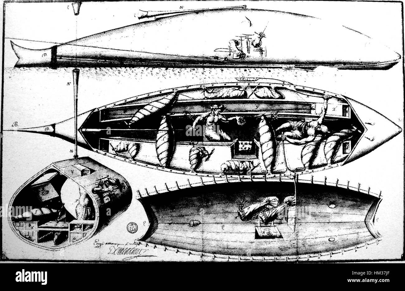 Il dipinto di Jean Baptiste Charbert del 1689 presenta un primo progetto concettuale di un sottomarino simile a un pesce, che mostra le innovazioni fantasiose nella tecnologia marittima e la ricerca dell'esplorazione subacquea alla fine del XVII secolo. Foto Stock