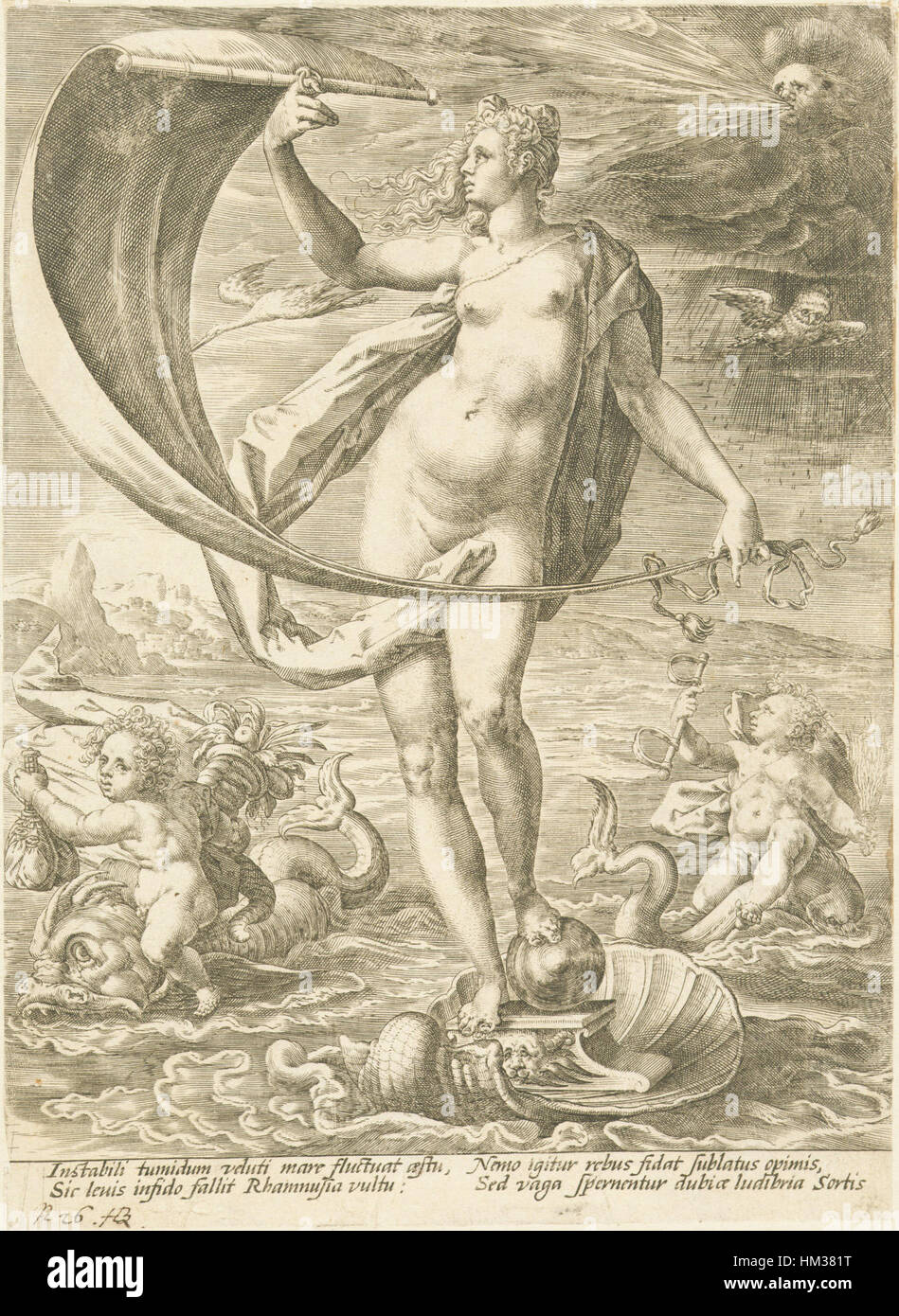 L'incisione 'Buona Fortuna' di Hendrick Goltzius rappresenta la dea della fortuna in modo allegorico, con ricchi dettagli e stile classico rinascimentale, presentando la maestria di Goltzius nel lavoro lineare e nella stampa. Foto Stock