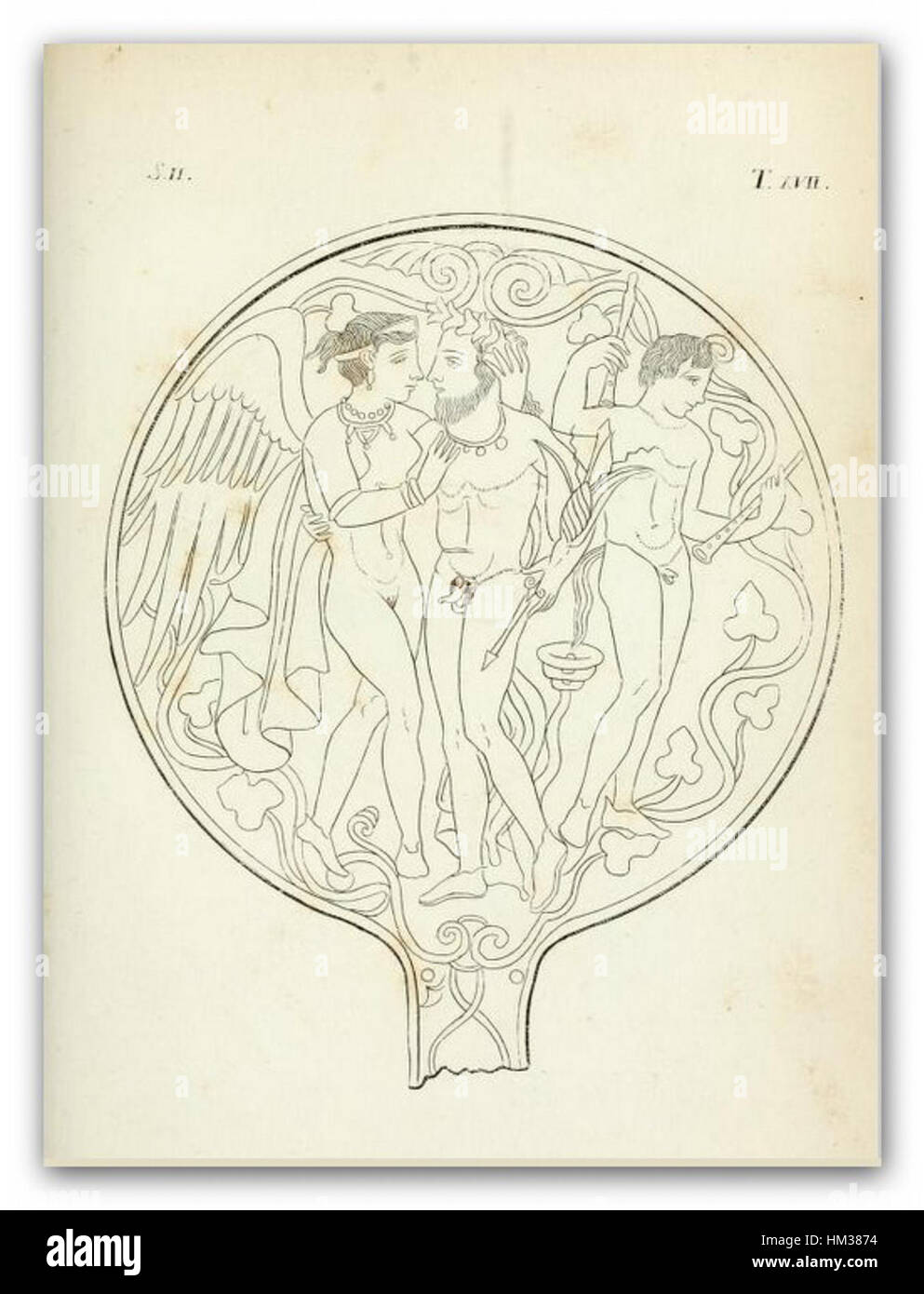 Un'illustrazione dettagliata di statue etrusche in bronzo, intitolata "Inghirami", del 1821. L'opera d'arte mostra l'intricata artigianato dell'antica cultura etrusca, parte del ricco patrimonio della civiltà pre-romana italiana. Foto Stock