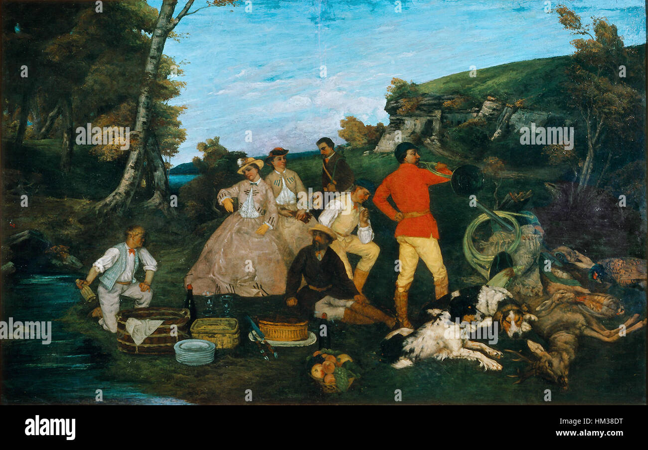 Questo dipinto di Gustave Courbet, intitolato "la colazione della caccia", raffigura i cacciatori che si riuniscono per un pasto dopo una caccia di successo. L'opera cattura il realismo e la robustezza della vita rurale nel XIX secolo, mostrando il dettaglio del pennellate e lo stile naturalistico di Courbet. Foto Stock Questo dipinto di Gustave Courbet, intitolato "la colazione della caccia", raffigura i cacciatori che si riuniscono per un pasto dopo una caccia di successo. L'opera cattura il realismo e la robustezza della vita rurale nel XIX secolo, mostrando il dettaglio del pennellate e lo stile naturalistico di Courbet. Foto Stock