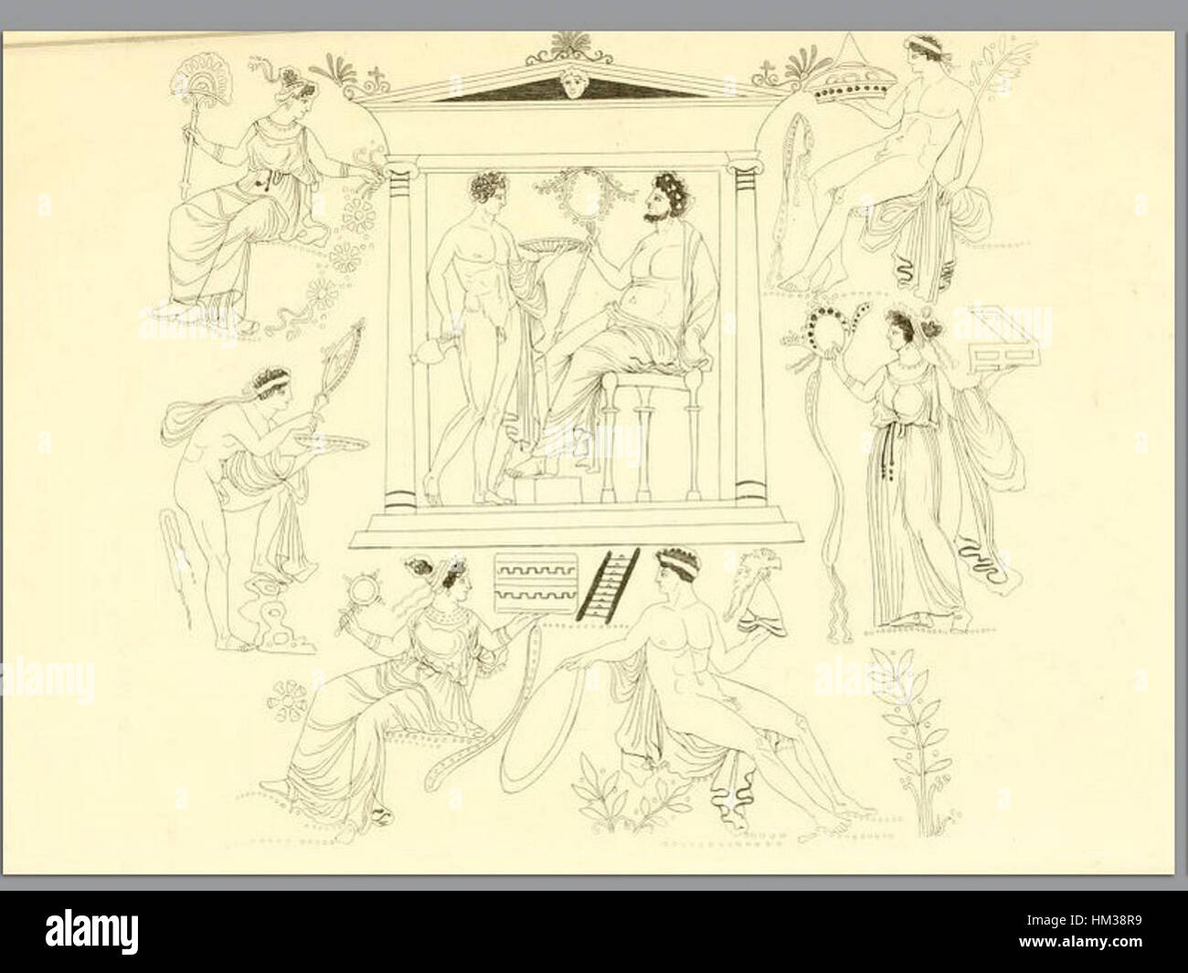 Questa opera d'arte tratta da "Pitture di vasi fittili", volume 4, di Inghirami (1837), mostra una dettagliata raffigurazione di vasi in terracotta, offrendo una visione storica delle antiche ceramiche italiane e della loro rappresentazione artistica nel XIX secolo. Foto Stock