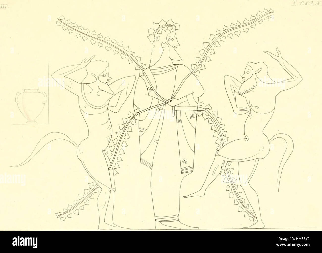 Questa opera d'arte del 1835 tratta da "Pitture di vasi fittili" di Inghirami raffigura vasi in terracotta dipinti. Le illustrazioni dettagliate mostrano il focus classico e archeologico dell'opera, esplorando i disegni delle antiche ceramiche romane e greche e il loro significato artistico. Foto Stock