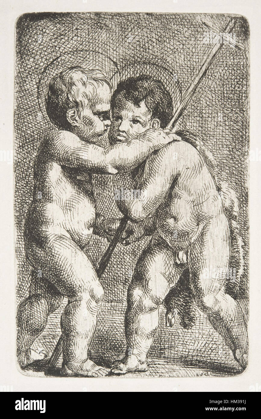 Il dipinto di Hermann Steinfurth "Junger Jesus Christus und Johannes" raffigura un giovane Gesù Cristo con Giovanni Battista, catturando il momento della loro connessione spirituale. Il pezzo è notevole per la sua profondità emotiva e la sua rappresentazione dell'innocenza e della grazia divina di entrambe le figure. Foto Stock