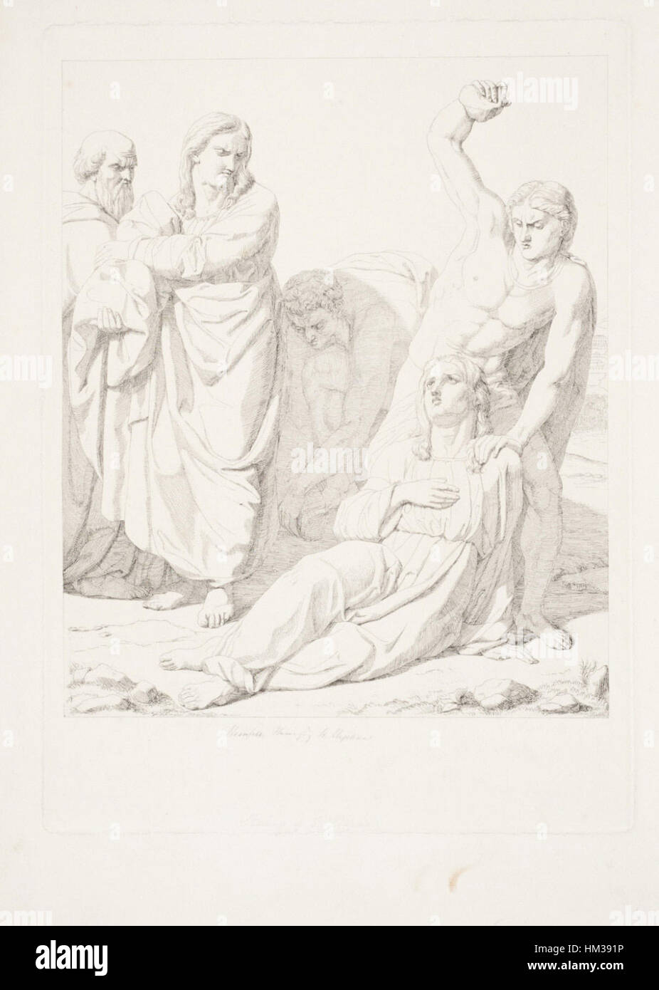 Il dipinto di Hermann Steinfurth "Die Steinigung des Heiligen Stephanus" raffigura la lapidazione di Santo Stefano, il primo martire cristiano. L'opera d'arte cattura l'intenso momento del martirio, con espressioni dettagliate e accuratezza storica dell'evento biblico. Foto Stock