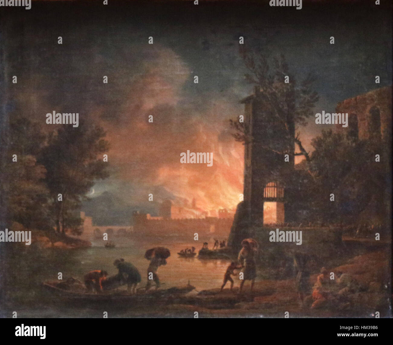 Il dipinto di Joseph Vernet "Carpentras-Incendie" cattura la scena drammatica di un incendio nella città di Carpentras. L'opera d'arte trasmette la devastazione e l'urgenza dell'evento, mostrando l'abilità di Vernet nel rappresentare scene emotive. Foto Stock