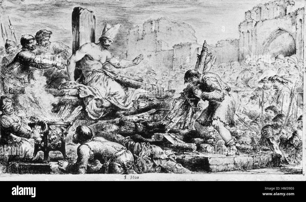 Il dipinto 'Johannes Hus auf dem Scheiterhaufen' raffigura l'esecuzione di John Hus, una figura storica religiosa che fu bruciata sul rogo per le sue credenze nel 1415. L'opera d'arte riflette il drammatico momento di tensione religiosa e politica. Foto Stock