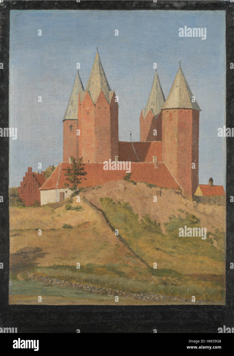 Il dipinto di Johan Thomas Lundbye della chiesa di Kalundborg mette in evidenza il paesaggio danese e la bellezza architettonica della chiesa. L'opera mostra l'attenzione di Lundbye ai dettagli nel catturare la struttura della chiesa sullo sfondo di una campagna serena. Foto Stock