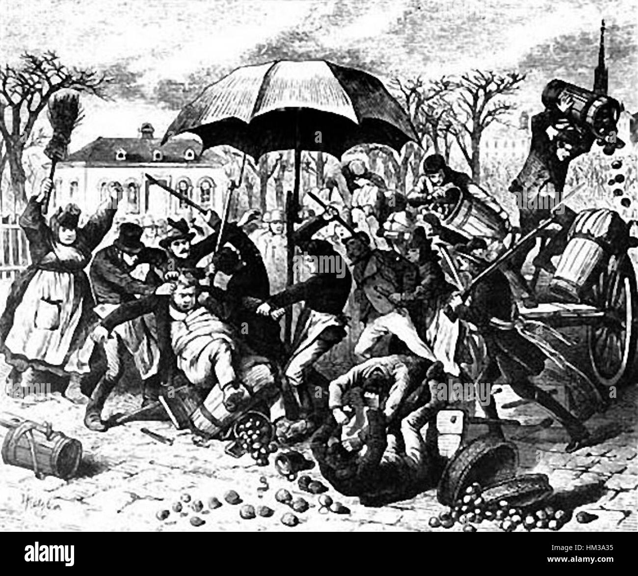 *KartoffelRevolution* (1847) di Katzler raffigura la storica rivoluzione delle patate che ha avuto luogo in Prussia. Il dipinto ritrae i disordini civili causati dai fallimenti delle colture e dalla carestia, sottolineando le difficoltà affrontate dai contadini nell'Europa del XIX secolo. Foto Stock