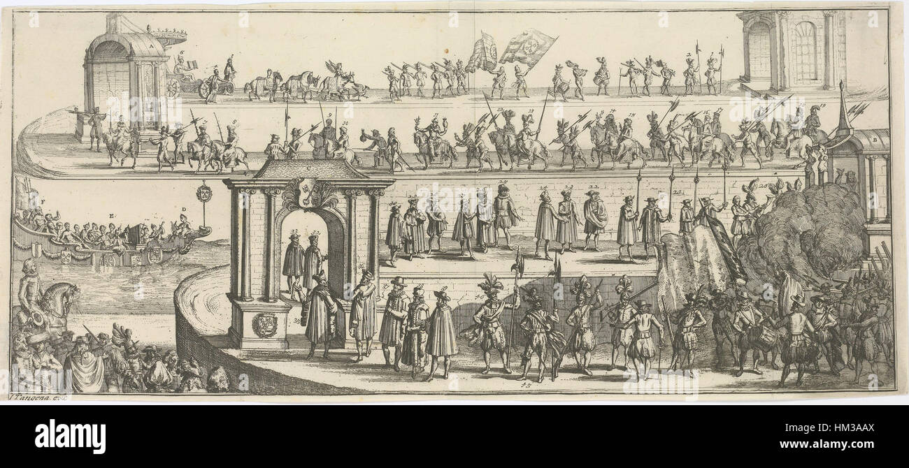 "Inwyding der Universiteit tot Leyden" è un'opera d'arte storica che commemora la fondazione dell'Università di Leida, che mostra il significato dell'istituzione nella storia olandese. Foto Stock