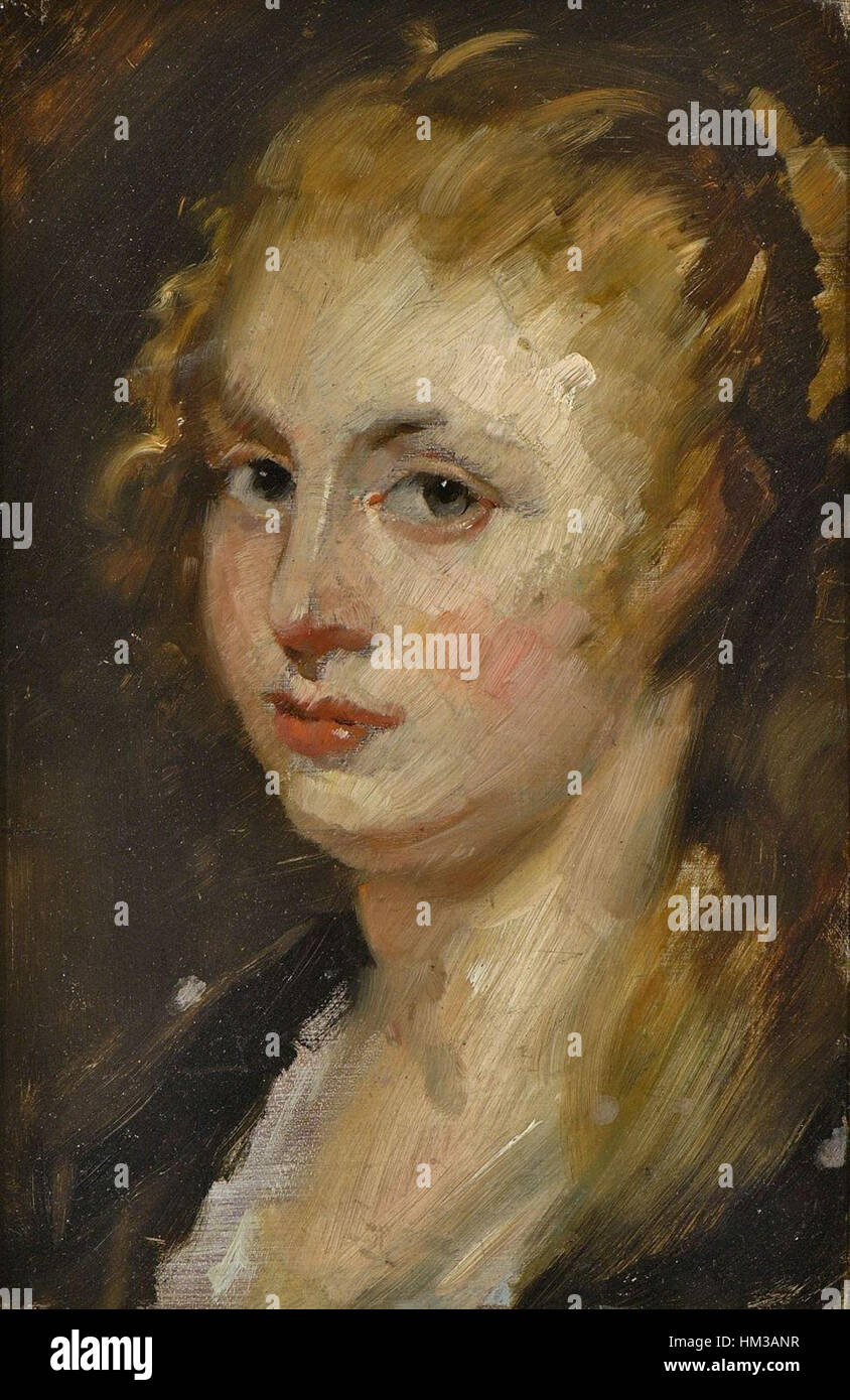 Questo dipinto di Wilhelm Leibl, intitolato "Bildnis einer Frau mit geflochtenem blondn Haar", raffigura una donna con capelli biondi intrecciati. Lo stile realistico di ritrattistica di Leibl cattura le texture dettagliate dei capelli e dell'abbigliamento della donna, riflettendo la maestria dell'artista nel rappresentare l'espressione umana e i dettagli naturalistici. Foto Stock