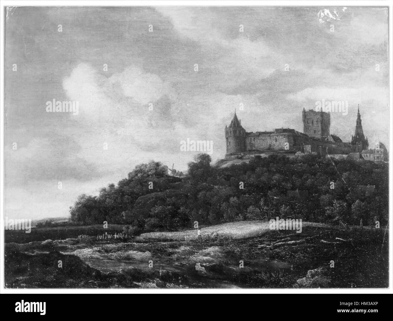 *Gezicht op Kasteel Bentheim* di Jacob van Ruisdael ritrae una vista panoramica del Castello di Bentheim, situato ai piedi di una collina, con un campo di grano in primo piano. Questa pittura paesaggistica esemplifica la padronanza di Ruisdael degli elementi naturali, concentrandosi sulla bellezza del paesaggio rurale olandese nel XVII secolo. Foto Stock
