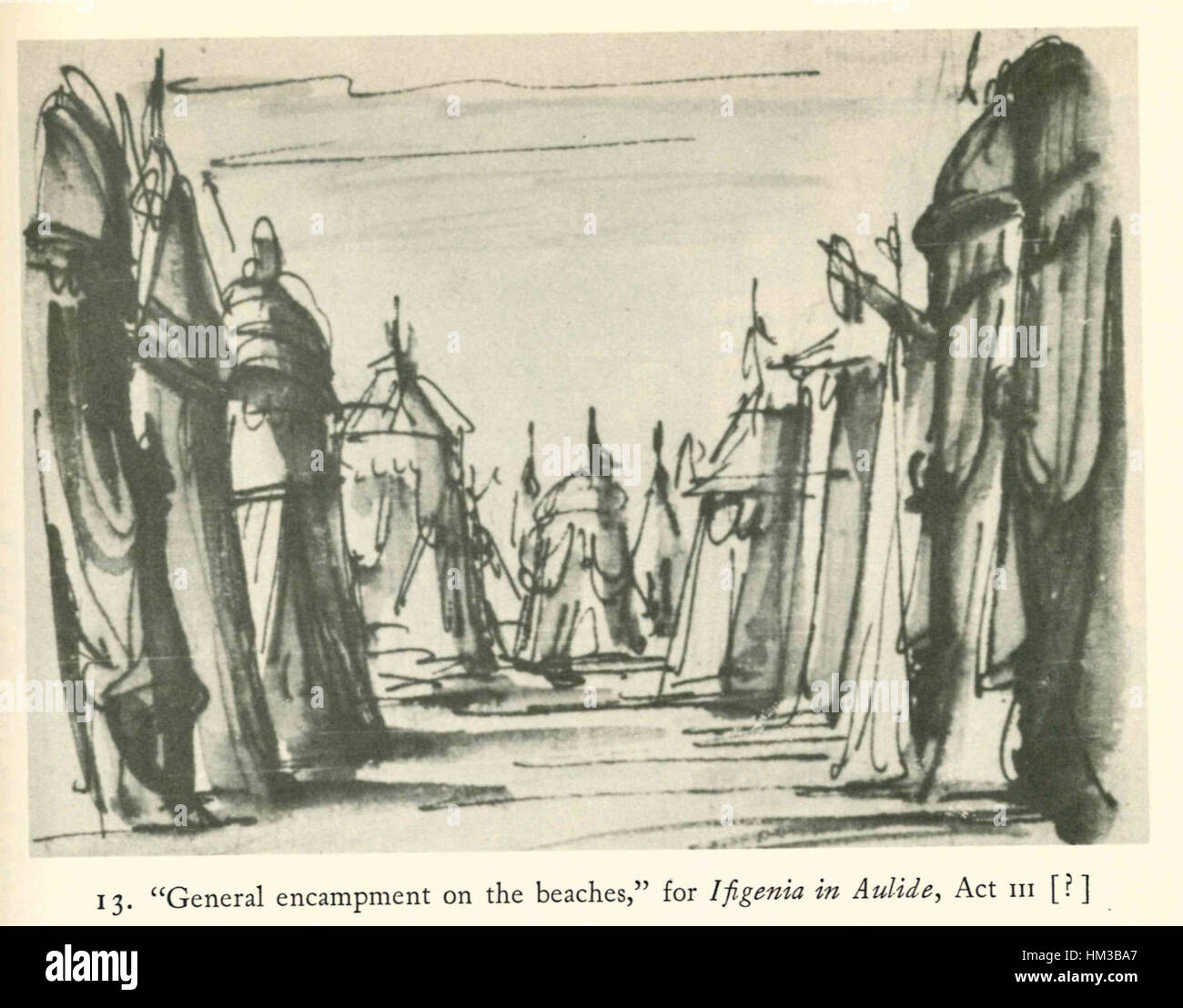 Il progetto scenico di "Ifigenia in Aulide - atto III", probabilmente di Domenico Scarlatti, fu creato da Filippo Juvarra. Il design riflette la grandezza e la teatralità dell'ambientazione dell'opera, sottolineando gli elementi drammatici della produzione. Foto Stock