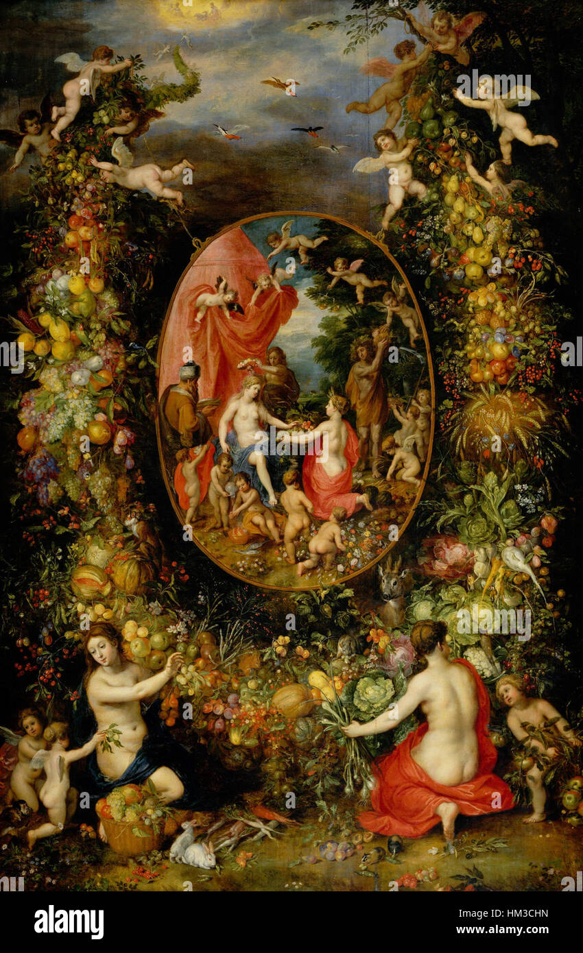 Questo dipinto di Jan Brueghel raffigura una corona di frutta e fiori che circonda un'allegoria dell'agricoltura. L’opera riflette l’abilità di Brueghel nella natura morta e il suo uso di immagini simboliche per rappresentare l’importanza dell’agricoltura nella società europea. Foto Stock